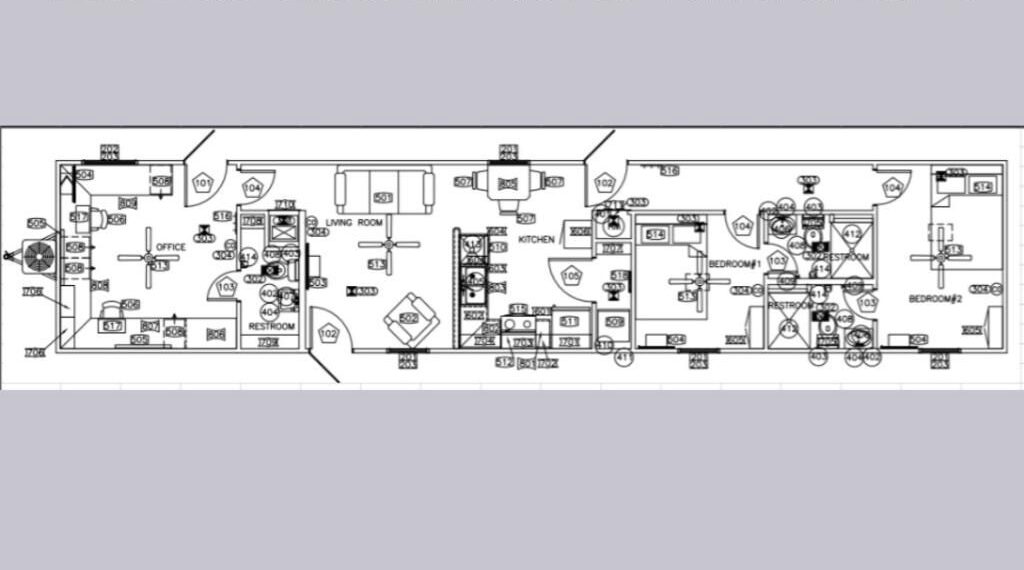 Oilfield Man Camp 14×68 Skid 2 Bed 2 Bath shared Liv Kit Office- furnished plan