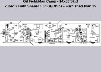 Oilfield Man Camp 14×68 Skid 2 Bed 2 Bath shared Liv Kit Office- furnished plan